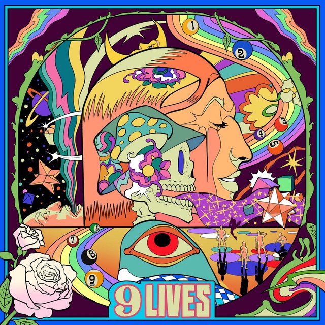 9 LIVES EP cover: psychedelic illustration of a skull, a face in profile and numbered pool balls