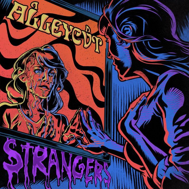 STRANGERS cover: illustrated woman reaching toward her crying reflection in a mirror
