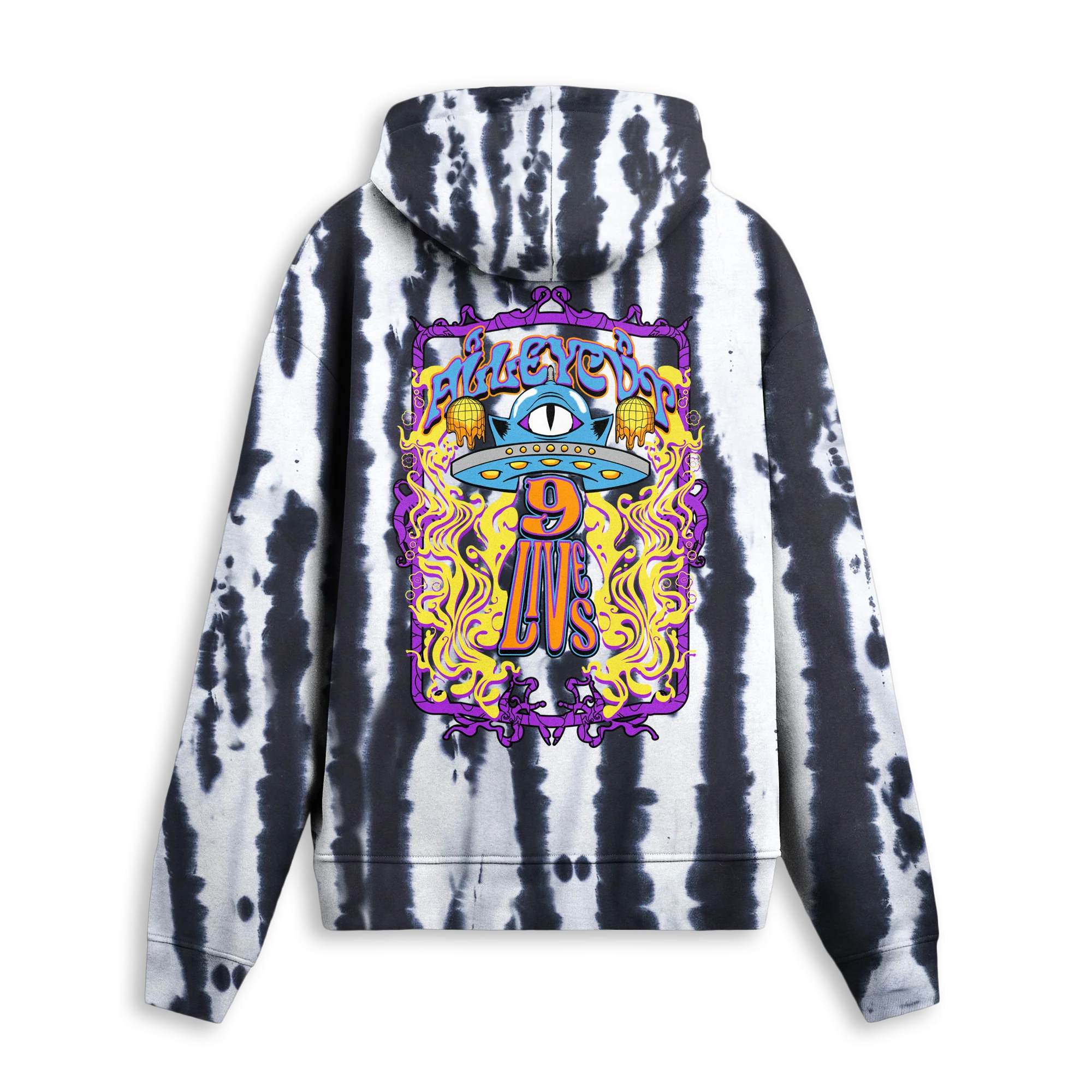 Black and white tie-dye hoodie with 9 Lives UFO artwork on the back