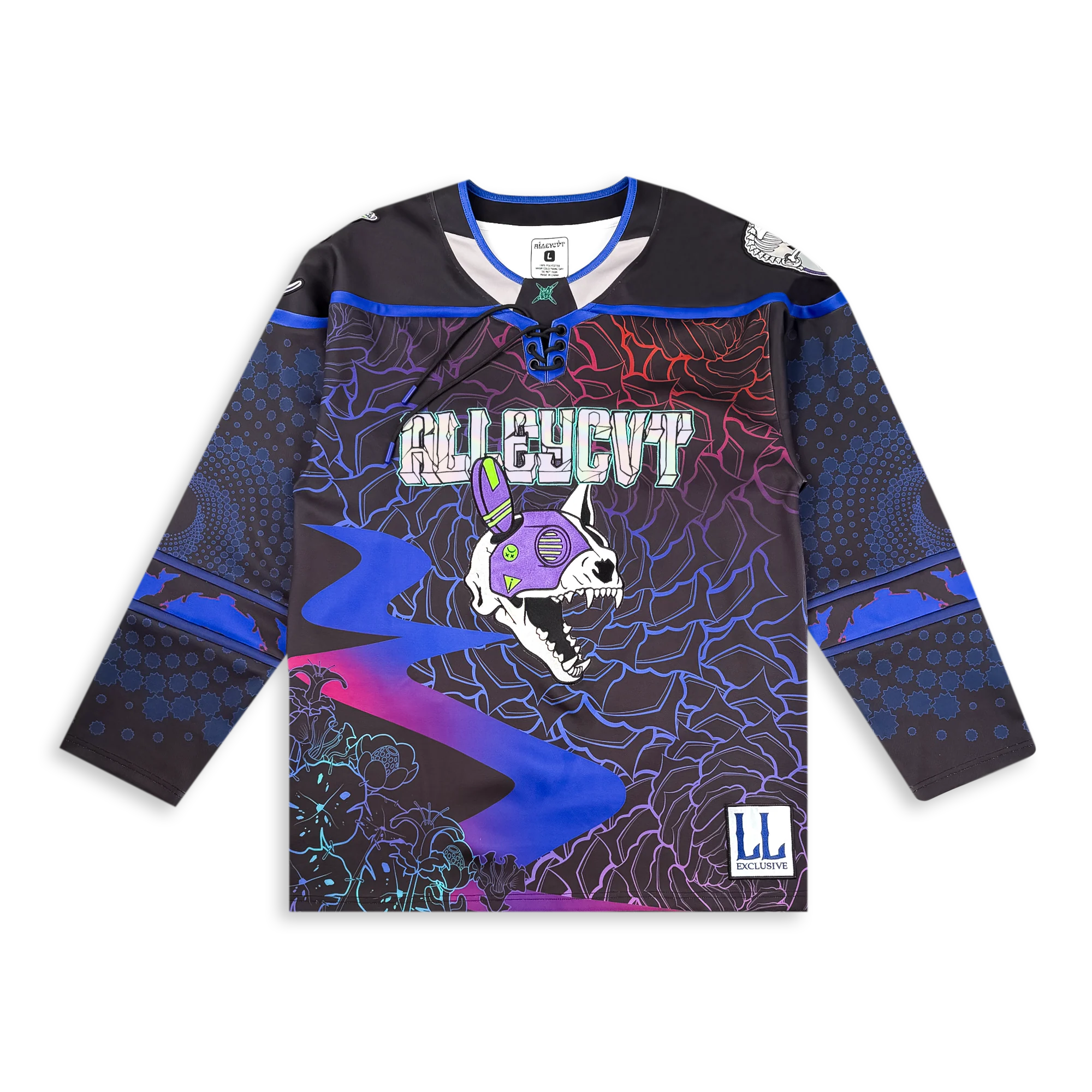Black hockey jersey with neon floral linework and the cyber-skull mascot
