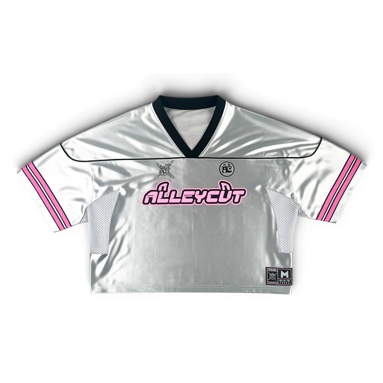 Silver cropped football jersey with pink striped sleeves and pink ALLEYCVT logo