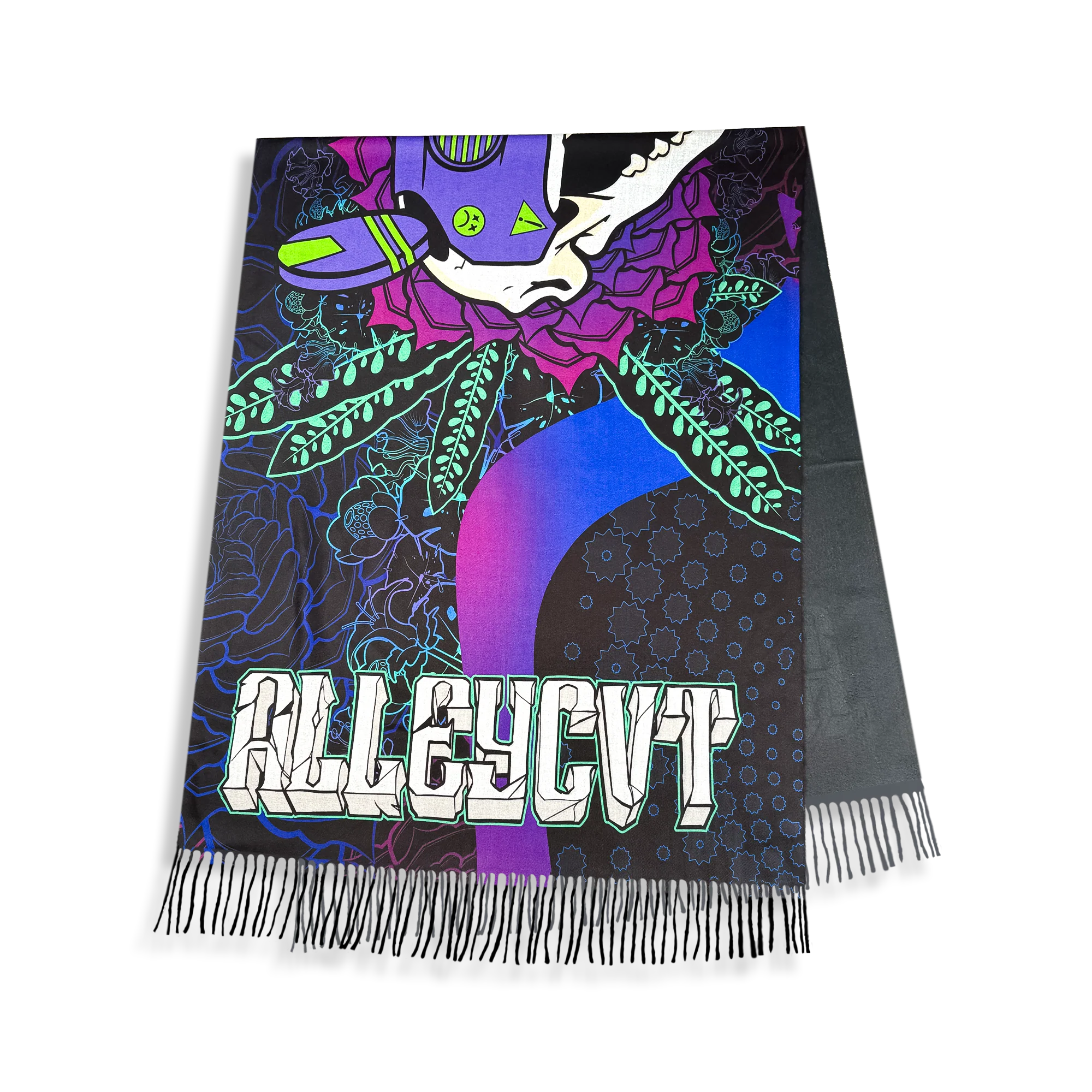 Folded pashmina with purple and teal mascot artwork and fringed edges