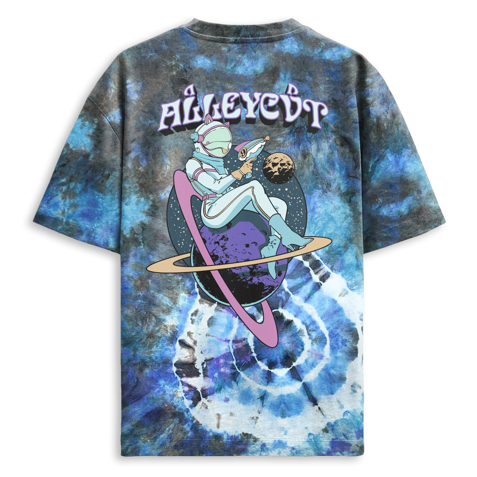Blue tie-dye tee with an astronaut riding a ringed planet under the ALLEYCVT logo
